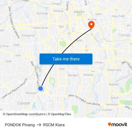PONDOK Pinang to RSCM Kiara map