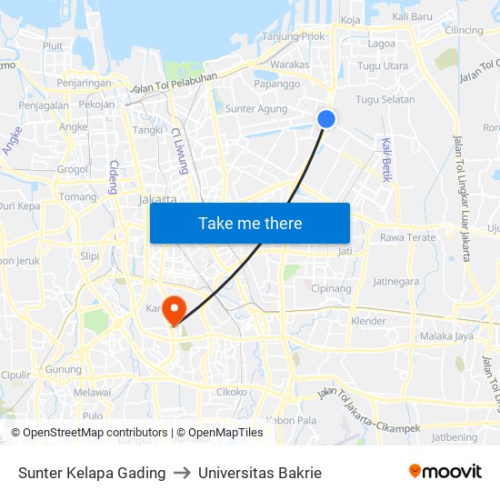 Sunter Kelapa Gading to Universitas Bakrie map