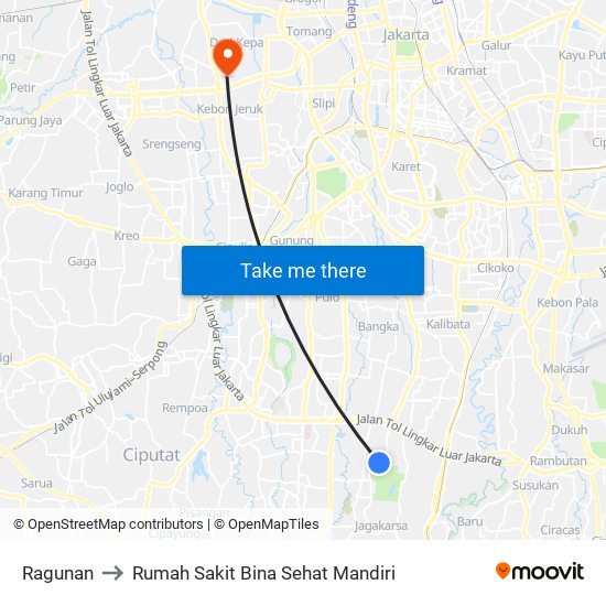 Ragunan to Rumah Sakit Bina Sehat Mandiri map