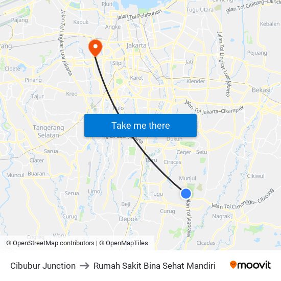 Cibubur Junction to Rumah Sakit Bina Sehat Mandiri map