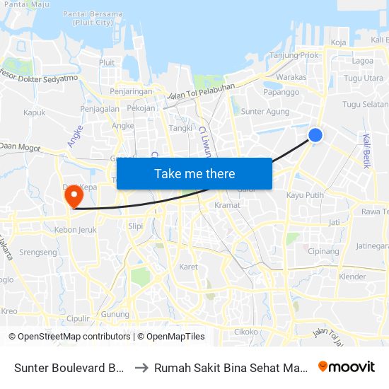 Sunter Boulevard Barat to Rumah Sakit Bina Sehat Mandiri map