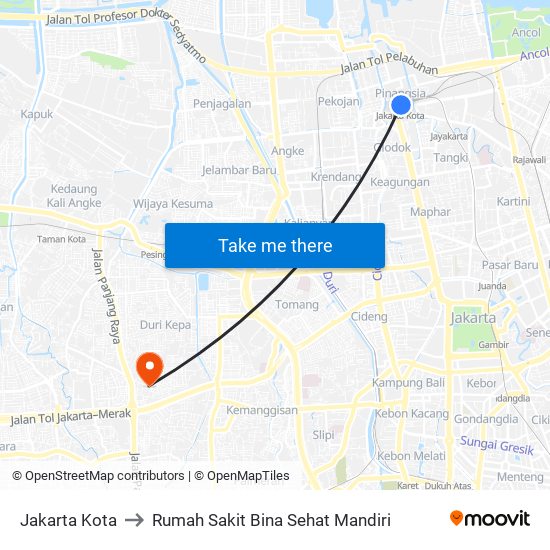 Jakarta Kota to Rumah Sakit Bina Sehat Mandiri map