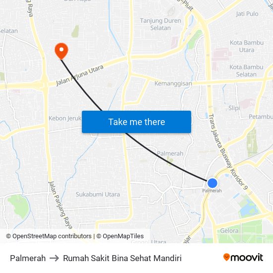 Palmerah to Rumah Sakit Bina Sehat Mandiri map