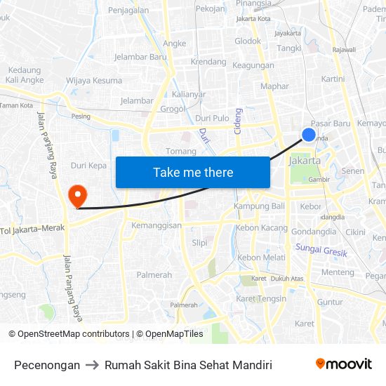 Pecenongan to Rumah Sakit Bina Sehat Mandiri map