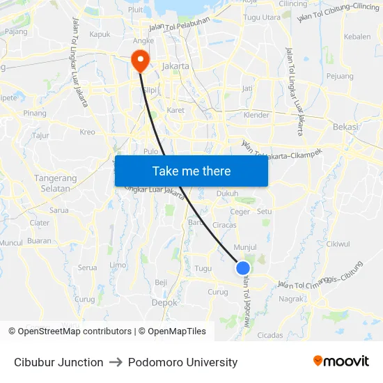 Cibubur Junction to Podomoro University map