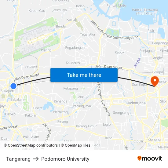 Tangerang to Podomoro University map