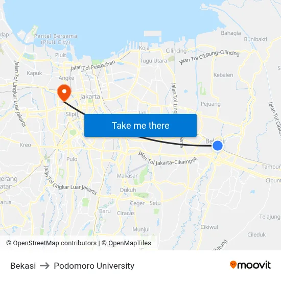 Bekasi to Podomoro University map