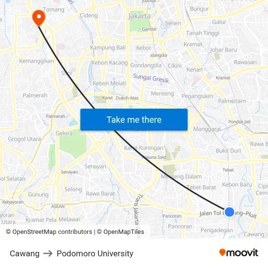 Cawang to Podomoro University map