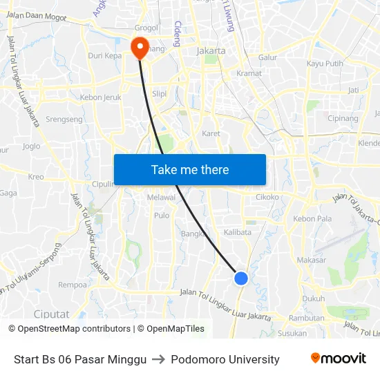 Start Bs 06 Pasar Minggu to Podomoro University map