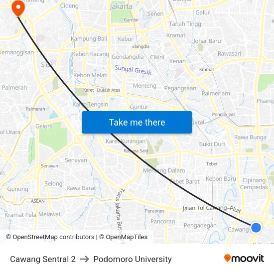 Cawang Sentral 2 to Podomoro University map