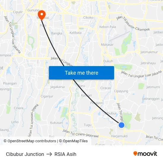 Cibubur Junction to RSIA Asih map