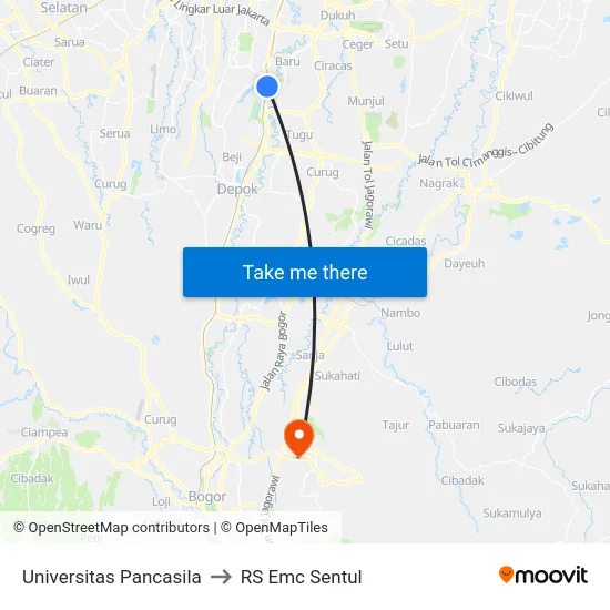 Universitas Pancasila to RS Emc Sentul map