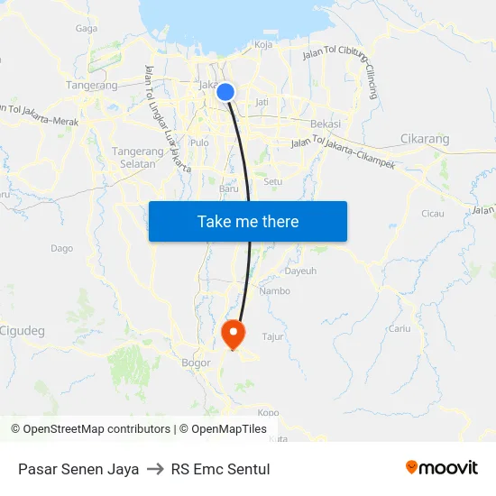 Pasar Senen Jaya to RS Emc Sentul map