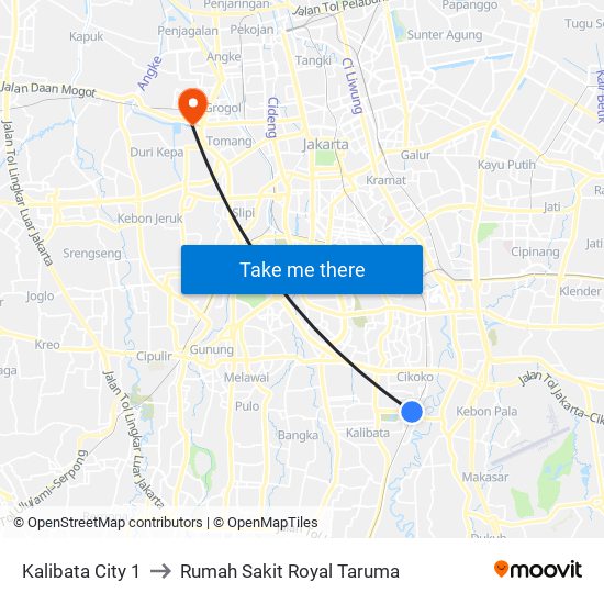 Kalibata City 1 to Rumah Sakit Royal Taruma map