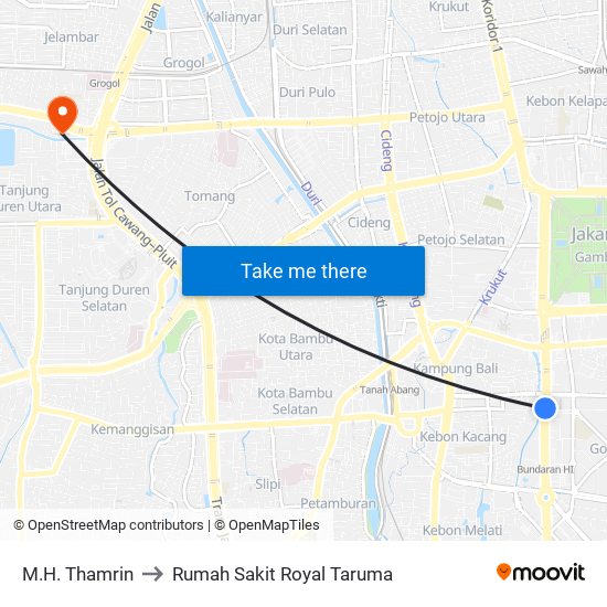 M.H. Thamrin to Rumah Sakit Royal Taruma map