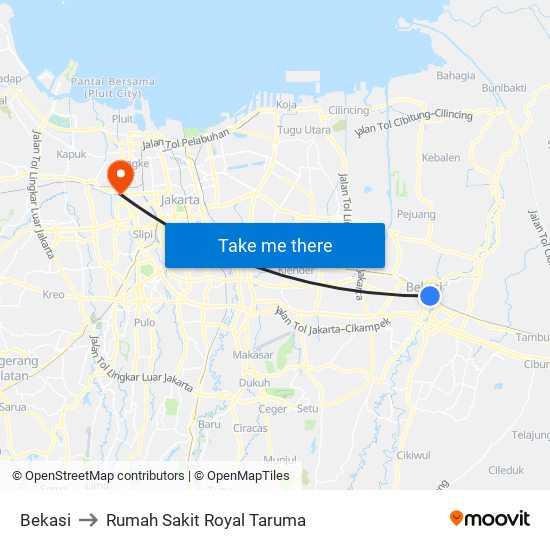 Bekasi to Rumah Sakit Royal Taruma map