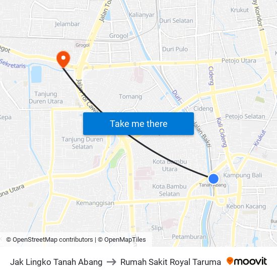 Jak Lingko Tanah Abang to Rumah Sakit Royal Taruma map