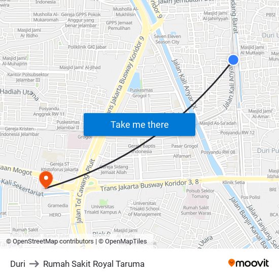 Duri to Rumah Sakit Royal Taruma map