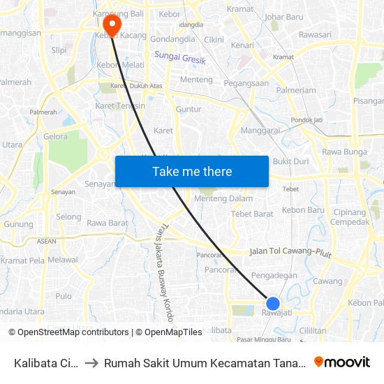 Kalibata City 1 to Rumah Sakit Umum Kecamatan Tanah Abang map