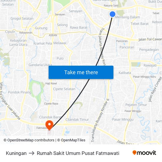 Kuningan to Rumah Sakit Umum Pusat Fatmawati map