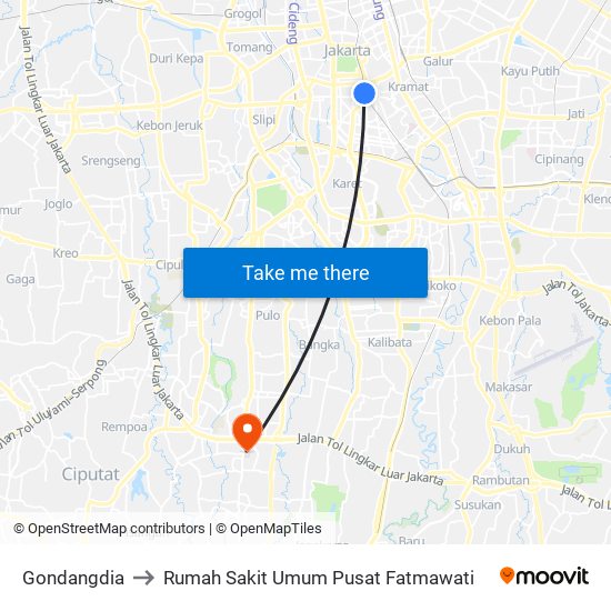 Gondangdia to Rumah Sakit Umum Pusat Fatmawati map