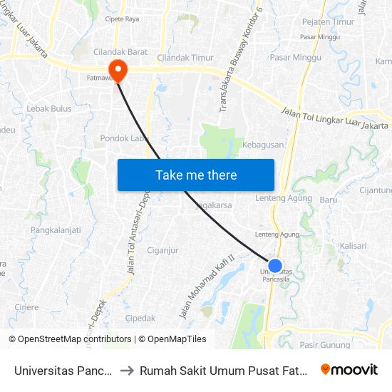 Universitas Pancasila to Rumah Sakit Umum Pusat Fatmawati map