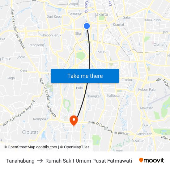 Tanahabang to Rumah Sakit Umum Pusat Fatmawati map