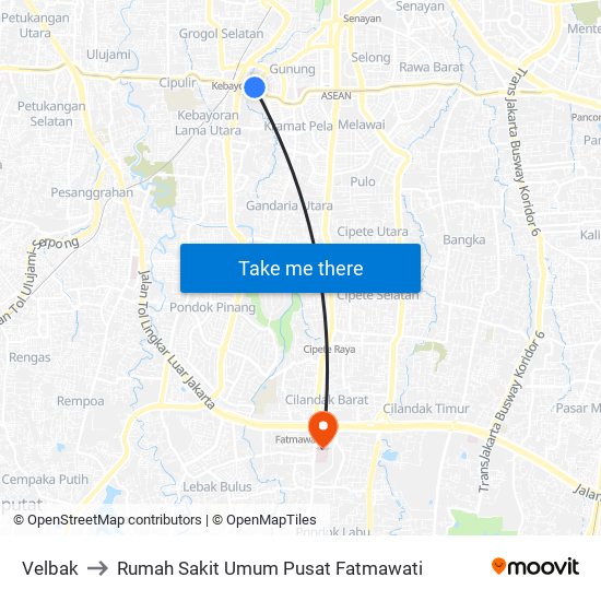 Velbak to Rumah Sakit Umum Pusat Fatmawati map