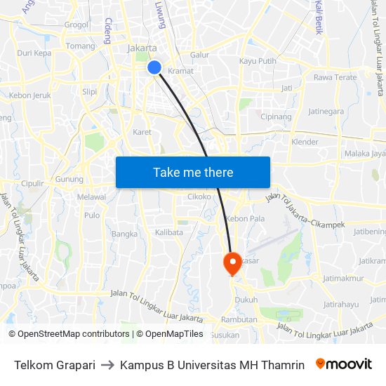 Telkom Grapari to Kampus B Universitas MH Thamrin map