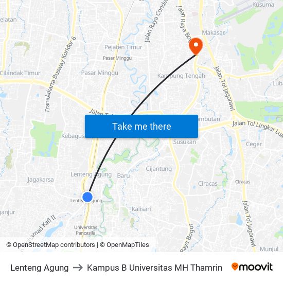 Lenteng Agung to Kampus B Universitas MH Thamrin map