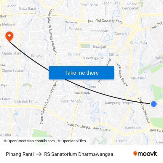 Pinang Ranti to RS Sanatorium Dharmawangsa map