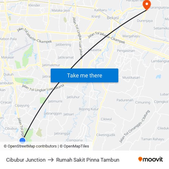 Cibubur Junction to Rumah Sakit Pinna Tambun map