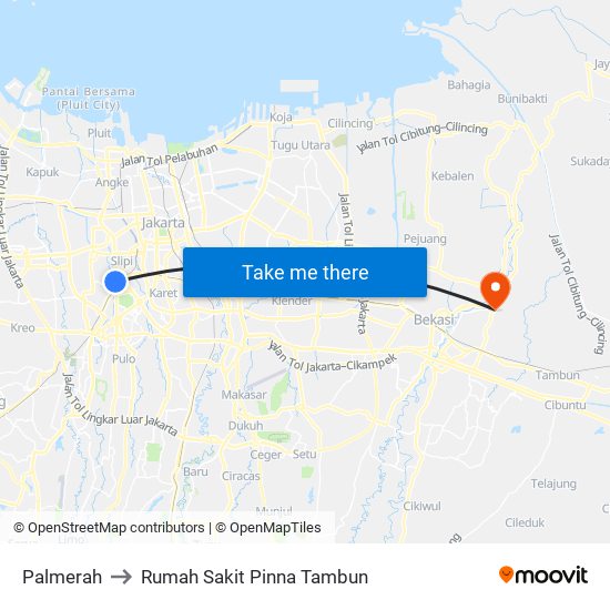 Palmerah to Rumah Sakit Pinna Tambun map