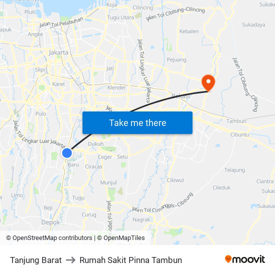 Tanjung Barat to Rumah Sakit Pinna Tambun map