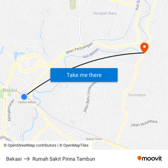 Bekasi to Rumah Sakit Pinna Tambun map