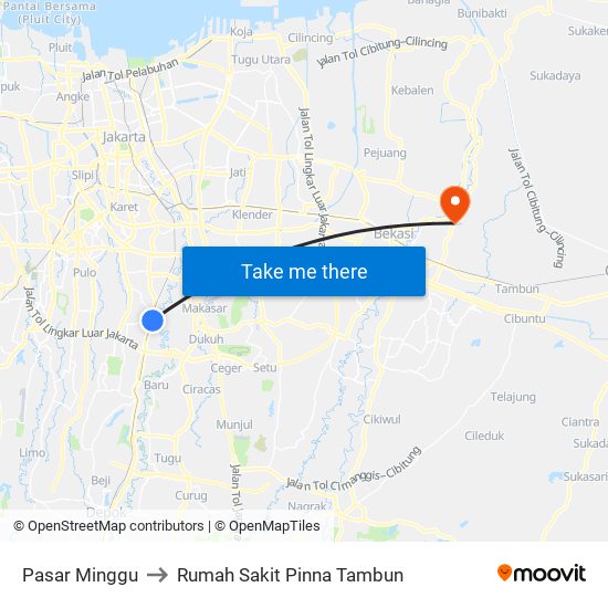 Pasar Minggu to Rumah Sakit Pinna Tambun map