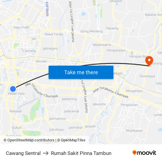 Cawang Sentral to Rumah Sakit Pinna Tambun map