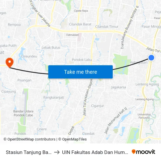 Stasiun Tanjung Barat 2 to UIN Fakultas Adab Dan Humaniora map