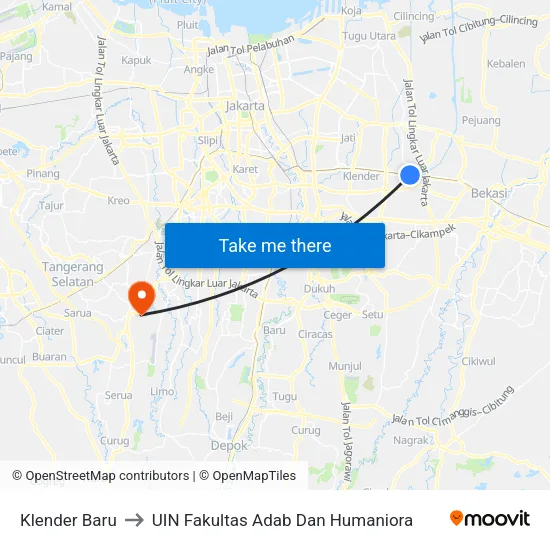 Klender Baru to UIN Fakultas Adab Dan Humaniora map