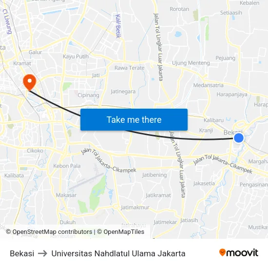 Bekasi to Universitas Nahdlatul Ulama Jakarta map