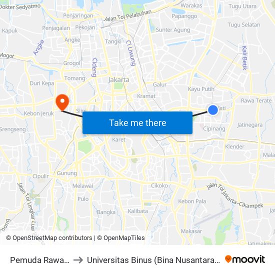 Pemuda Rawamangun to Universitas Binus (Bina Nusantara) Kampus Kijang map