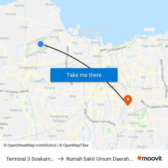 Terminal 3 Soekarno-Hatta to Rumah Sakit Umum Daerah Budi Asih map