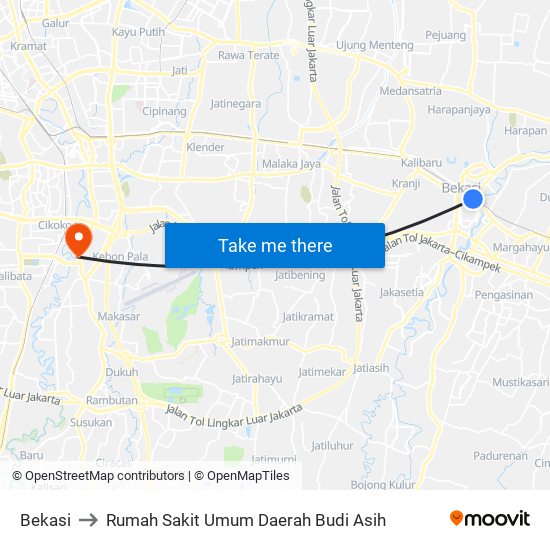 Bekasi to Rumah Sakit Umum Daerah Budi Asih map