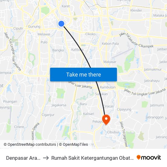 Denpasar Arah Barat to Rumah Sakit Ketergantungan Obat (Rsko) Jakarta map