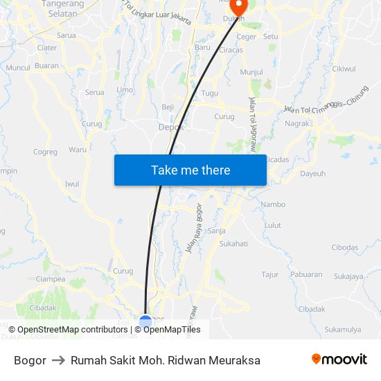 Bogor to Rumah Sakit Moh. Ridwan Meuraksa map