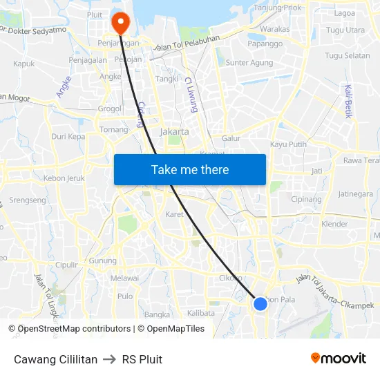 Cawang Cililitan to RS Pluit map