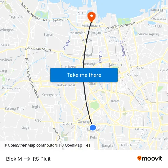 Blok M to RS Pluit map
