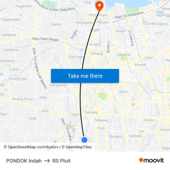 PONDOK Indah to RS Pluit map