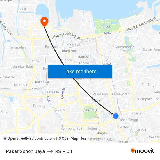 Pasar Senen Jaya to RS Pluit map