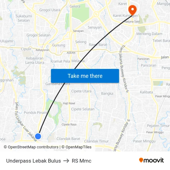 Underpass Lebak Bulus to RS Mmc map